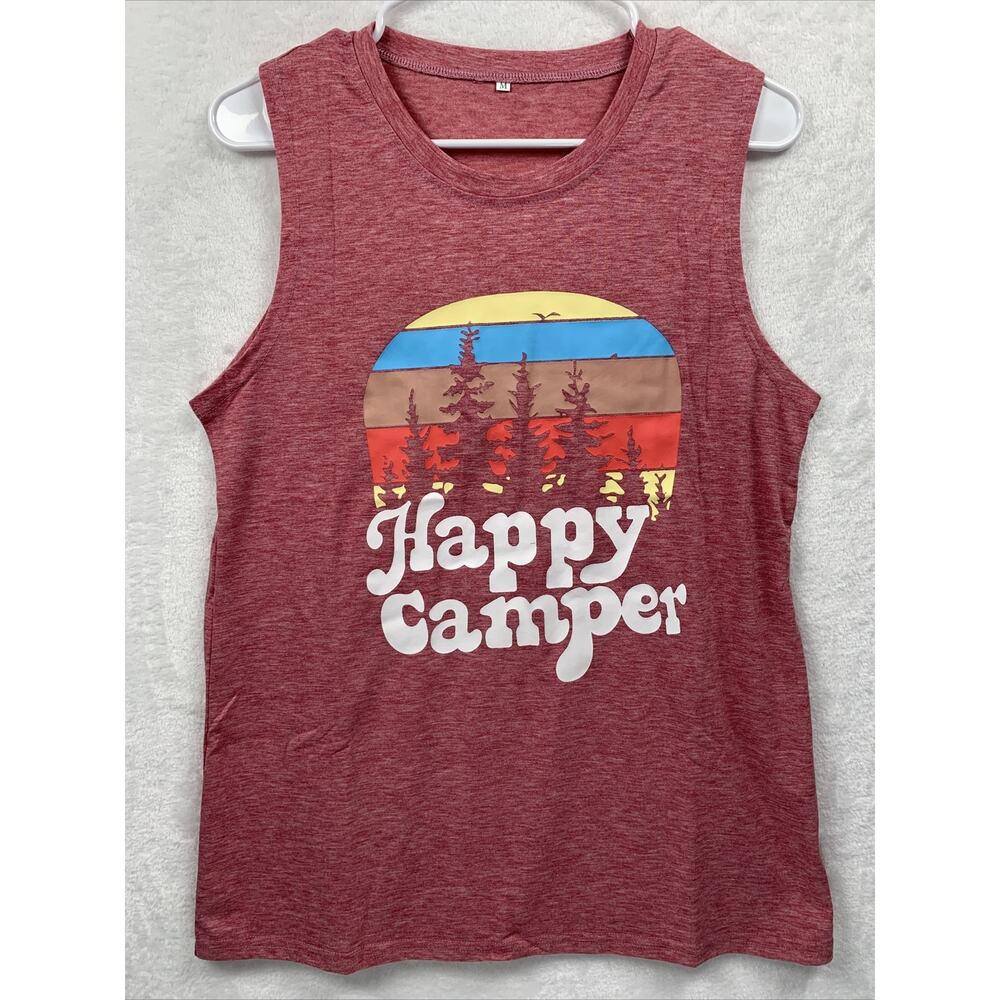 MYHALF Women's Happy Camper Sleeveless Soft T-Shirt Pink NWOT